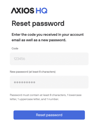 The Reset Password page asks for a code and a new password
